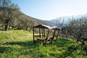 Eine rustikale Holzkonstruktion mit Bänken in einer grünen Wiese, umgeben von Bäumen und Bergen.