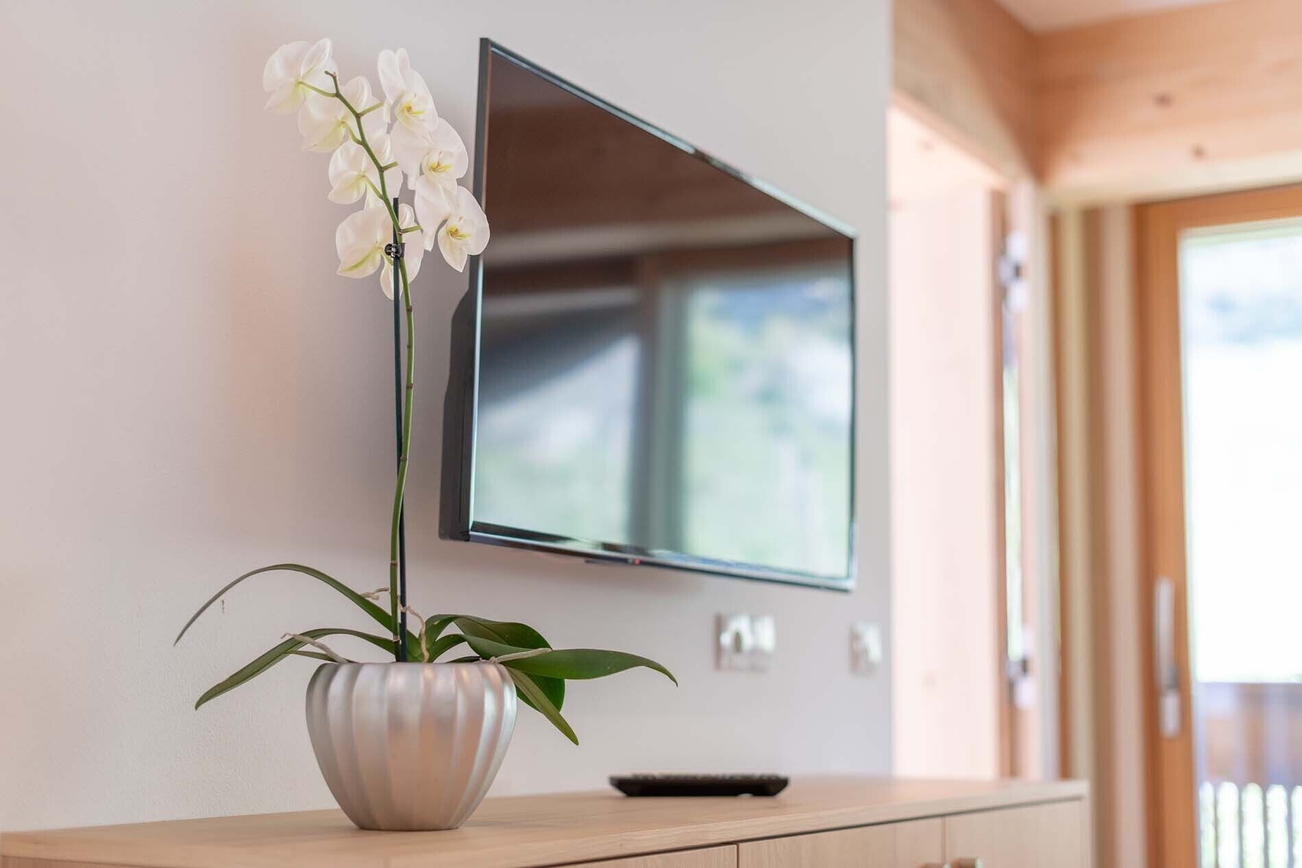 Un televisor de pantalla plana montado en una pared, una orquídea en maceta sobre una consola de madera, y una puerta que da al exterior.