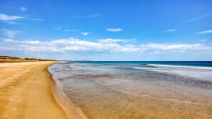 Una playa con cielos despejados y aguas tranquilas.