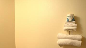 Hair dryer, towels, soap, toilet paper