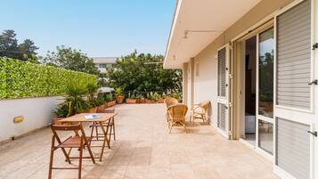 An outdoor patio with a table and chairs, potted plants, and a building entrance.