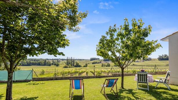 Un espace extérieur verdoyant avec deux chaises et une table, un arbre et une vue sur des vignobles.
