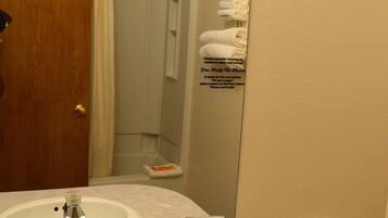 Hair dryer, towels, soap, toilet paper