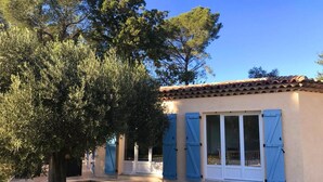 Un edificio con techo de tejas, un gran árbol en primer plano y un cielo azul despejado.