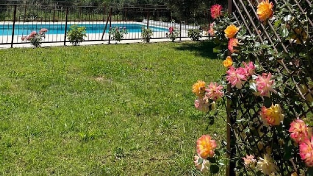 Una piscina rodeada por una cerca, con una pérgola y plantas con flores en primer plano.