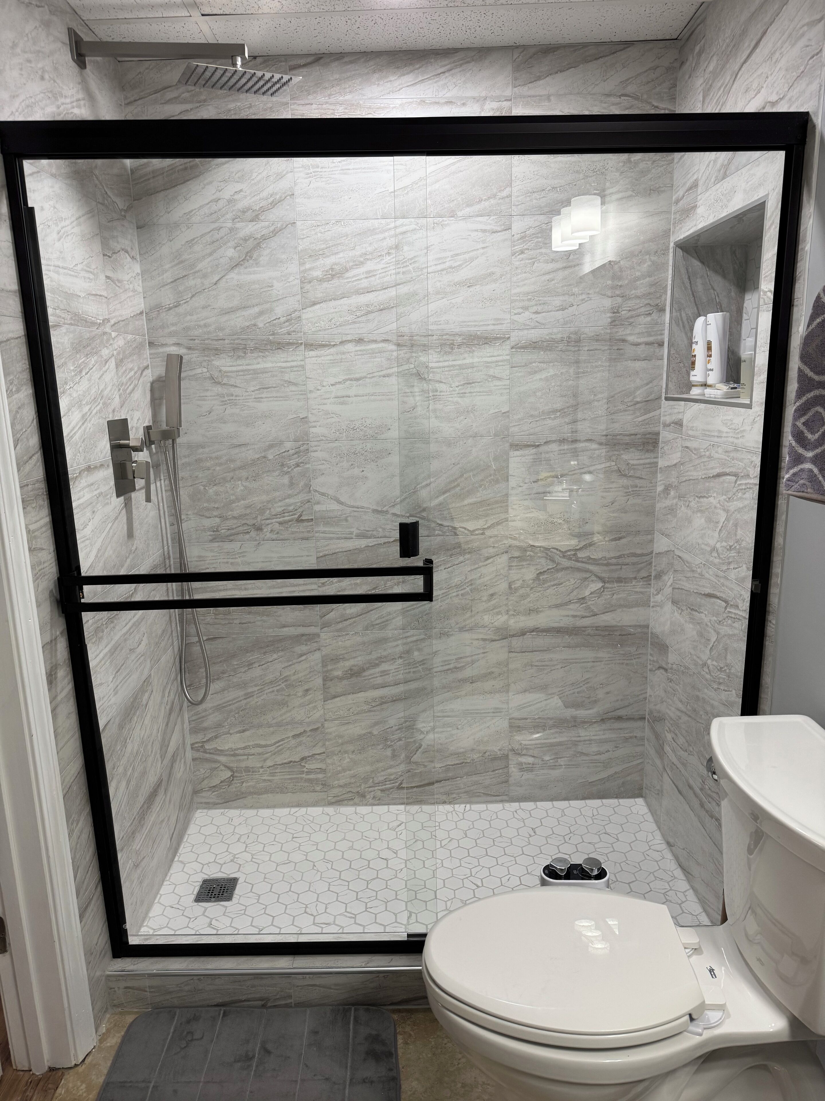 Hair dryer, bidet, towels, soap