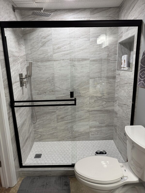Hair dryer, bidet, towels, soap