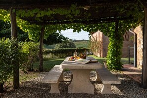 A stone picnic table with a basket and book under a pergola with green vines.