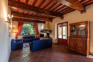 Un accogliente soggiorno con camino, due divani blu, un mobiletto in legno e un'ampia finestra con tende rosse.