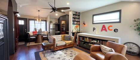 Smart TV, fireplace, books