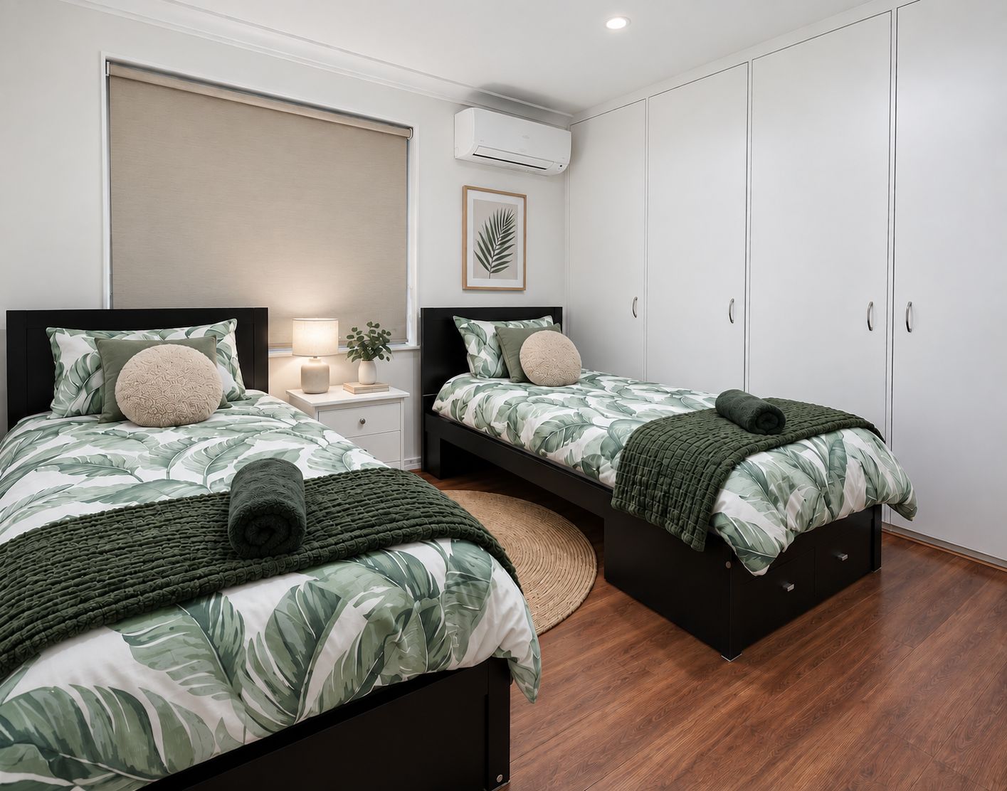A bedroom with two beds, a bedside table with a lamp, a wall-mounted air conditioner, and a large wardrobe.