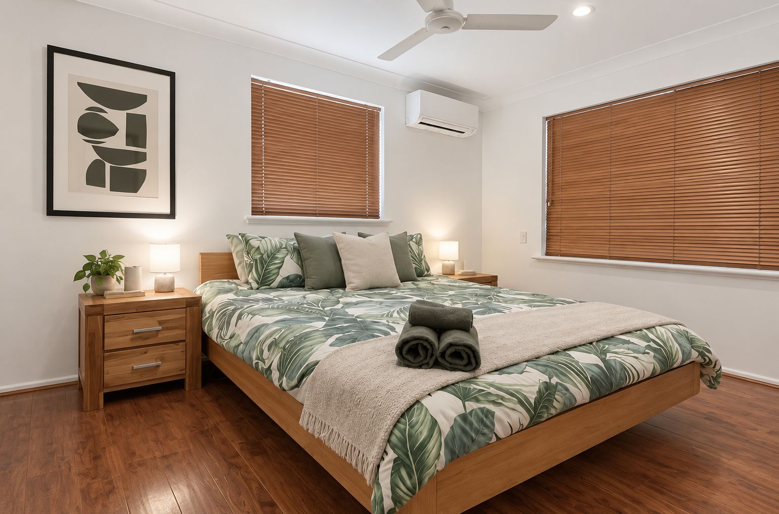 A bedroom with a bed, two bedside tables, a ceiling fan, and a wall-mounted air conditioner.
