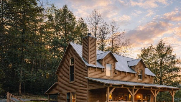 A wooden cabin with a porch and a chimney, surrounded by trees.