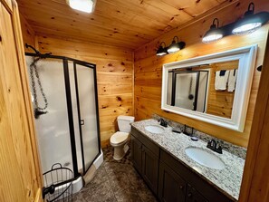 Hair dryer, towels, soap, toilet paper