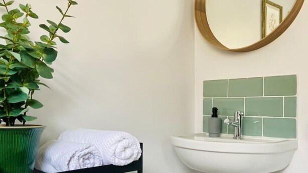 Ein Badezimmer mit einem weißen Standwaschbecken, einem grünen Blumentopf, einem schwarzen Regal mit Handtüchern und einem Spiegel mit goldener Rahmung.
