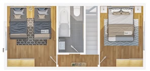 Distribución de 2 habitaciones con baño y kitchenette.