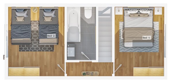 A 2-bedroom layout with a bathroom and kitchenette. - 7mins→Halifax/Brighouse | Pets OK | Parking 2 cars (Halifax)