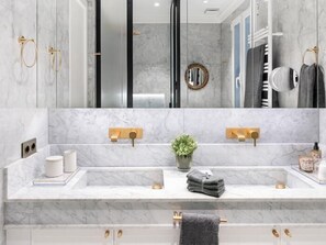 Shower, hair dryer, towels