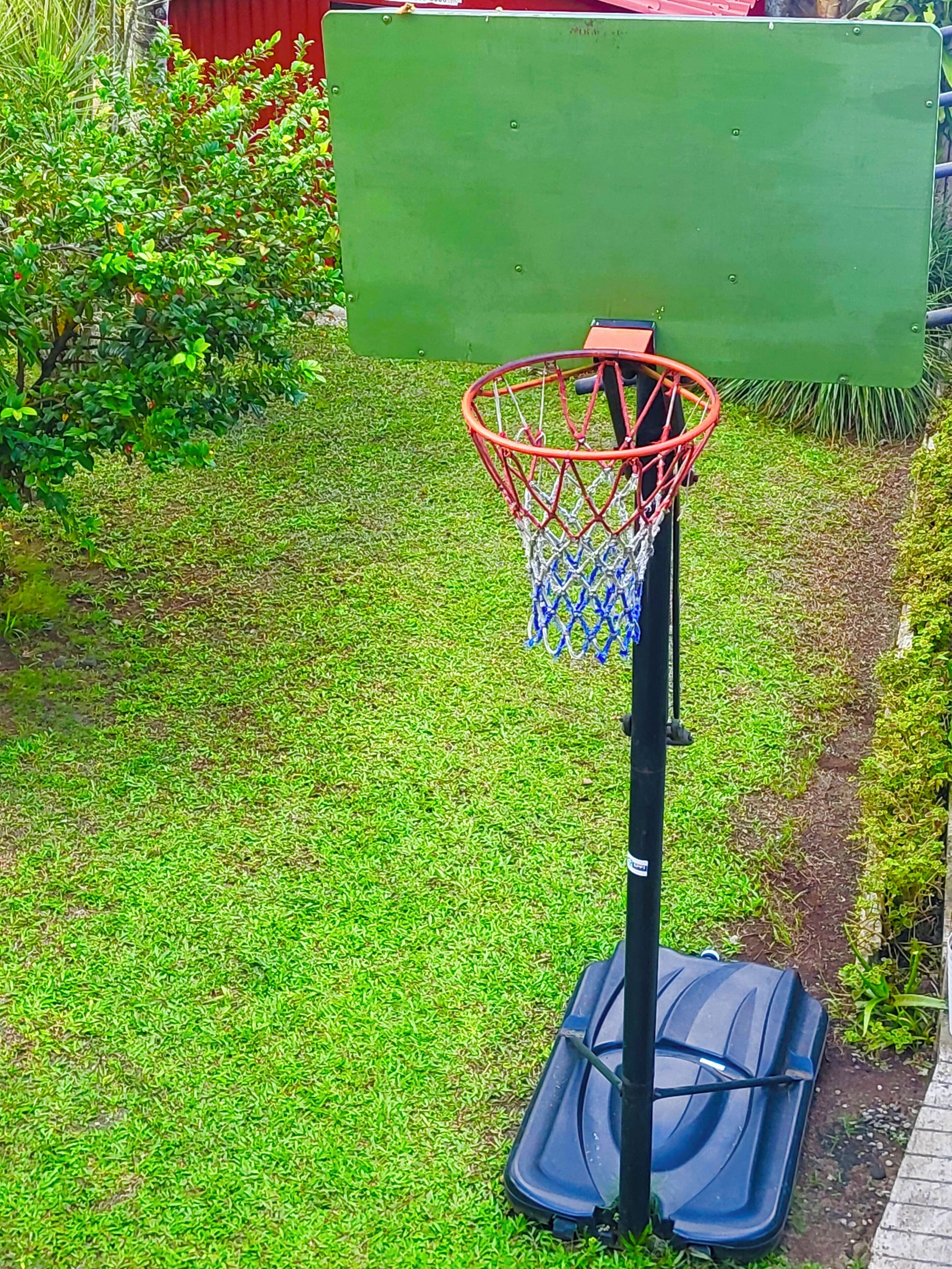 A basketball hoop with a net, placed on a grassy area with a green board in the background.