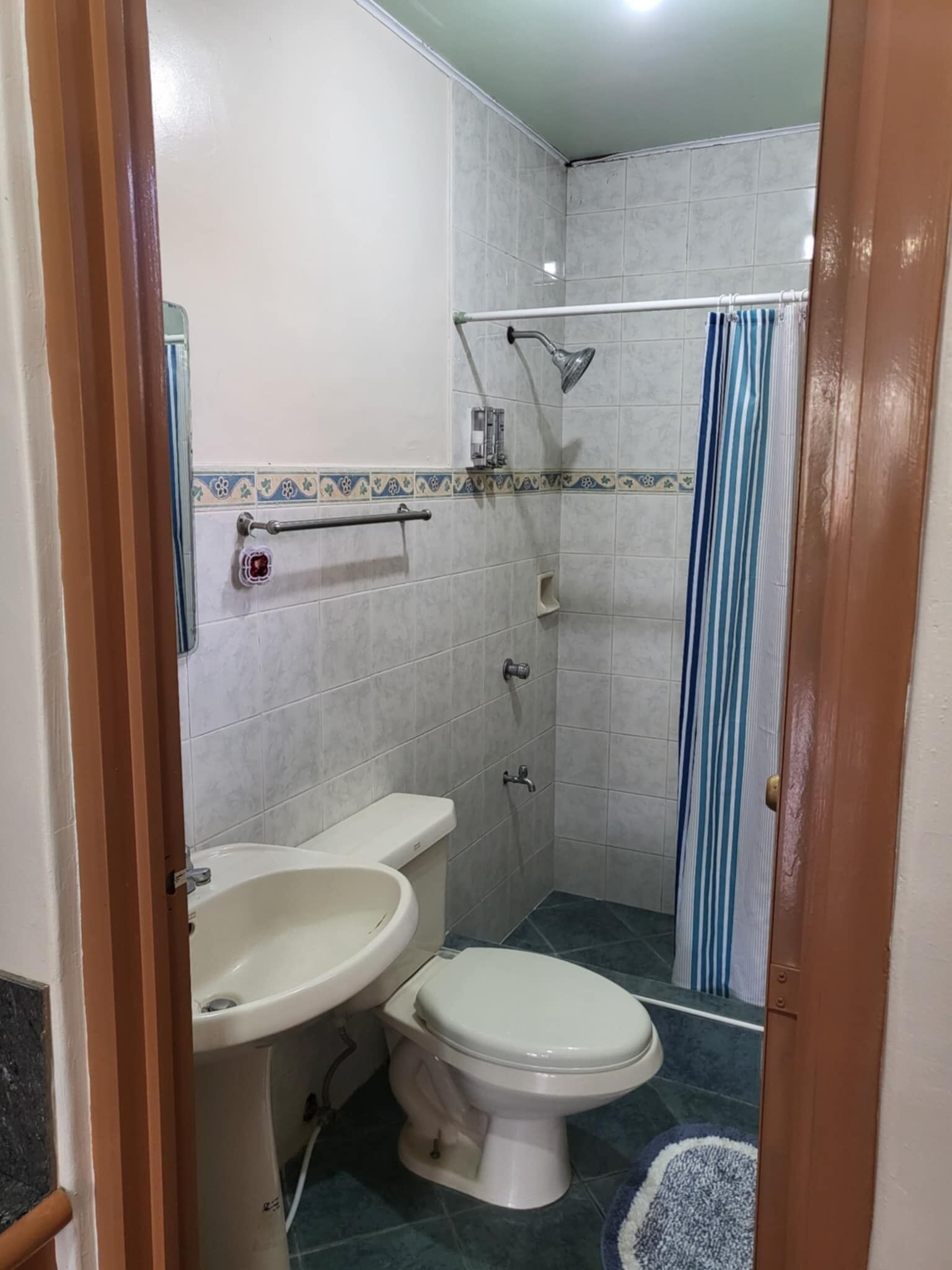 A small bathroom with a toilet, sink, and shower.