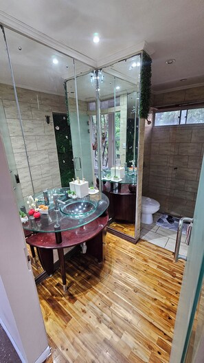 Regadera, secadora de cabello, toallas, jabón