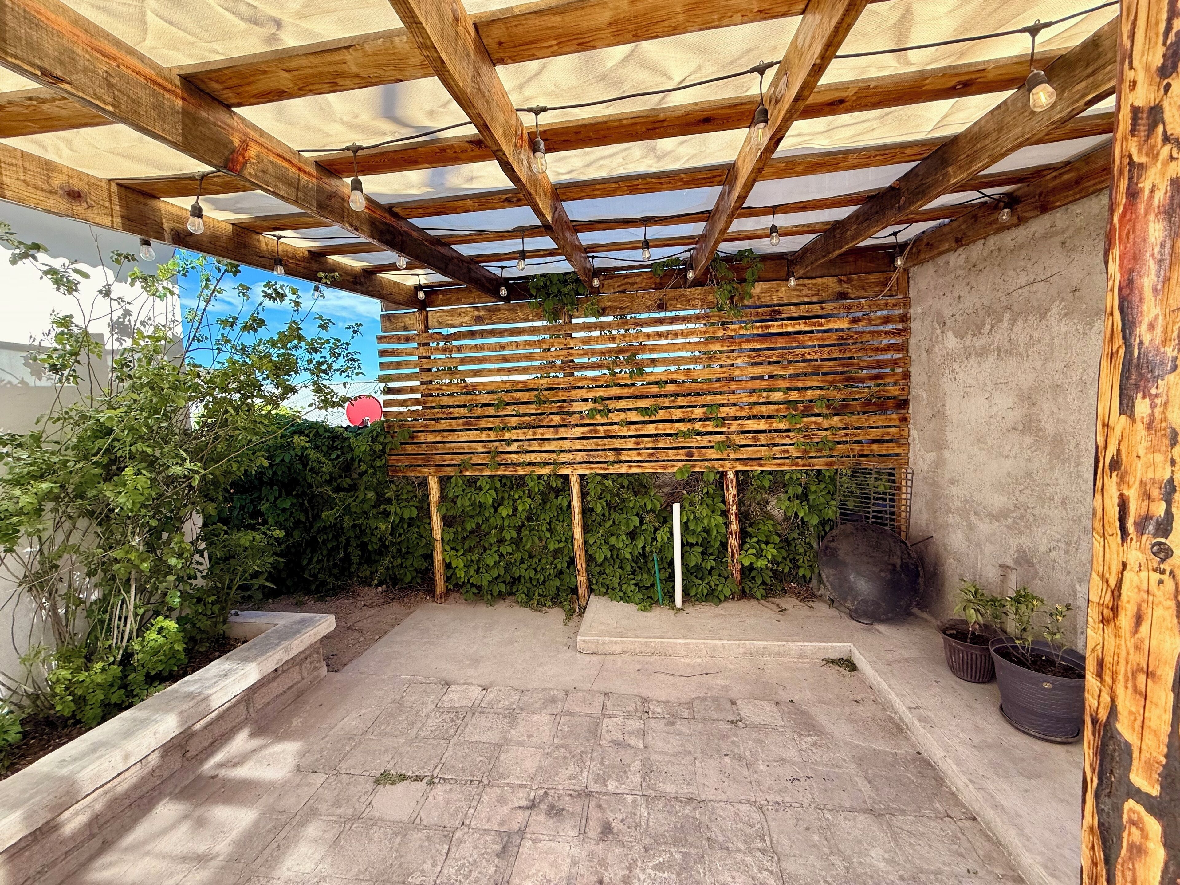 Un área de patio techada con una pérgola de madera, plantas en macetas y piso de concreto.