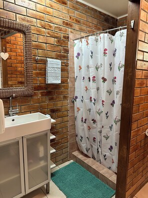 Douche, sèche-cheveux, serviettes fournies, savon