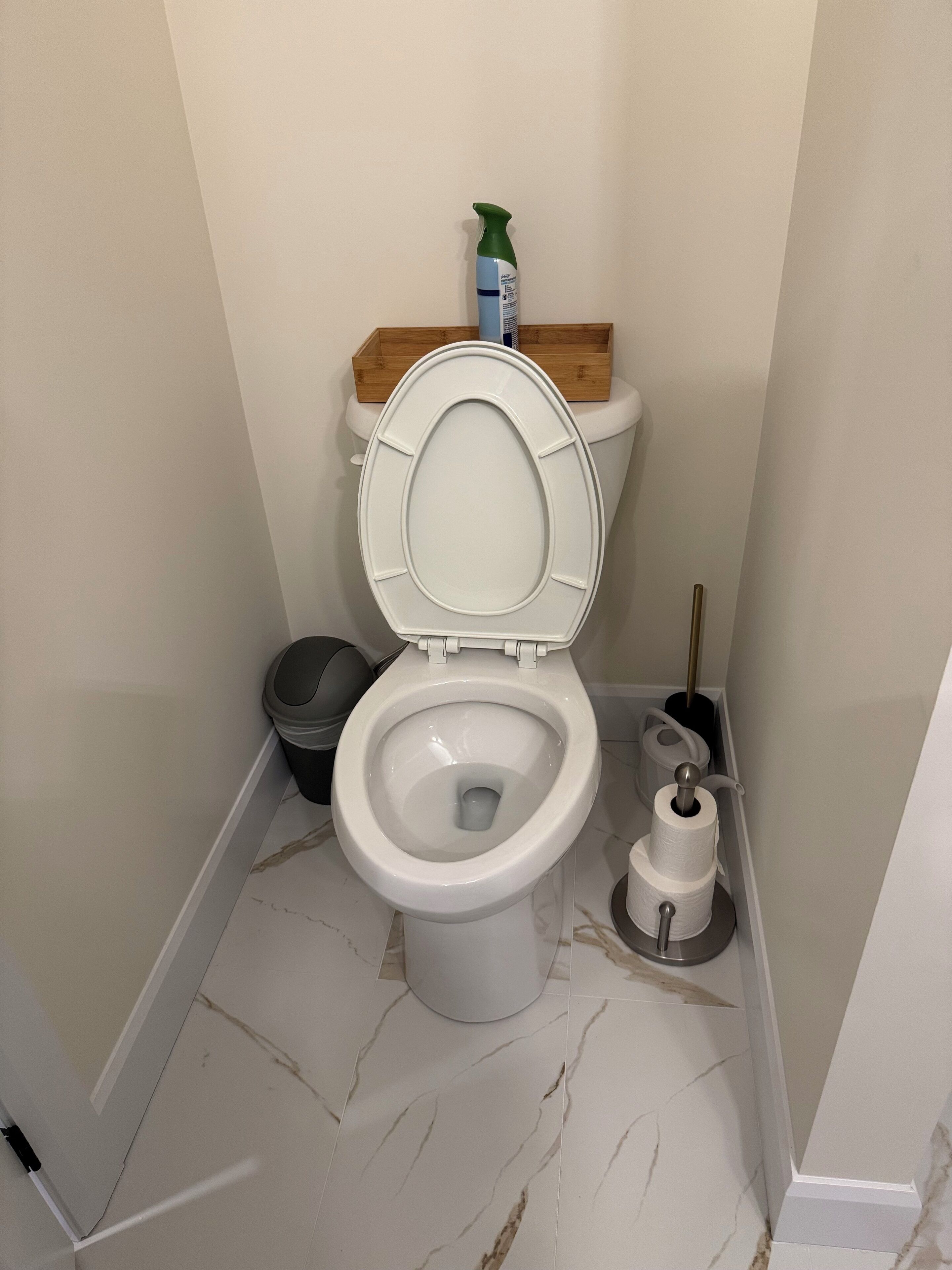 Un baño con inodoro, un bote de basura, un cepillo para inodoro y un dispensador de papel higiénico.