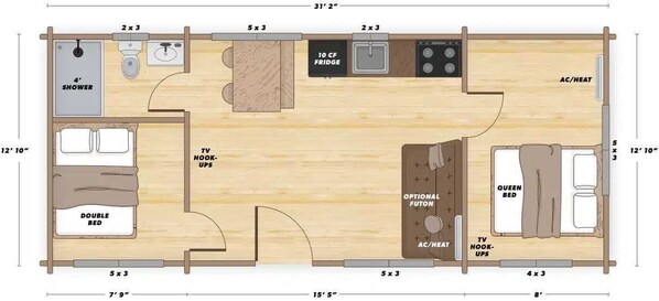 Plano de una habitación de hotel con cama doble, conexiones para televisor, televisor, futón opcional, cama tamaño queen, aire acondicionado/calefacción y refrigerador de 10 pies cúbicos.