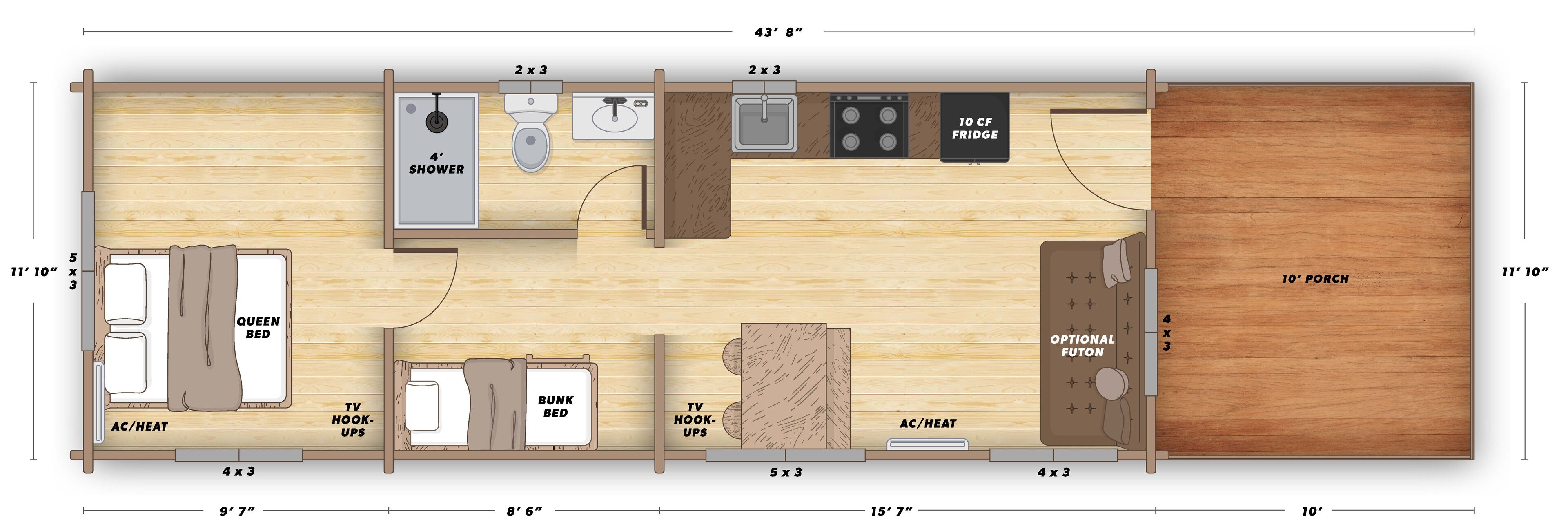 A floor plan of a hotel room with a 4' shower, 10' fridge, optional futon, bunk bed, TV hook-ups, and AC/heat.