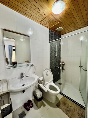 Hair dryer, towels, soap, shampoo