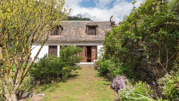 Une maison avec un toit en pierre, une porte en bois et un jardin où poussent différentes plantes, ainsi qu’un petit arbre.