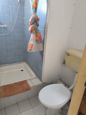 Regadera, toallas, papel de baño 