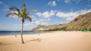 Una playa con una sola palmera, cielos despejados y montañas a lo lejos.