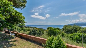 A coastal landscape with a grassy area, a brick wall, and a metal fence. - Residenza - Le Nereidi - Maia (Capoliveri)