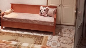 A room with a wooden sofa, a patterned rug, a wardrobe, and a wall-mounted picture.