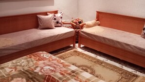 A bedroom with two single beds, a large floral area rug, a mirror, and a framed picture on the wall.