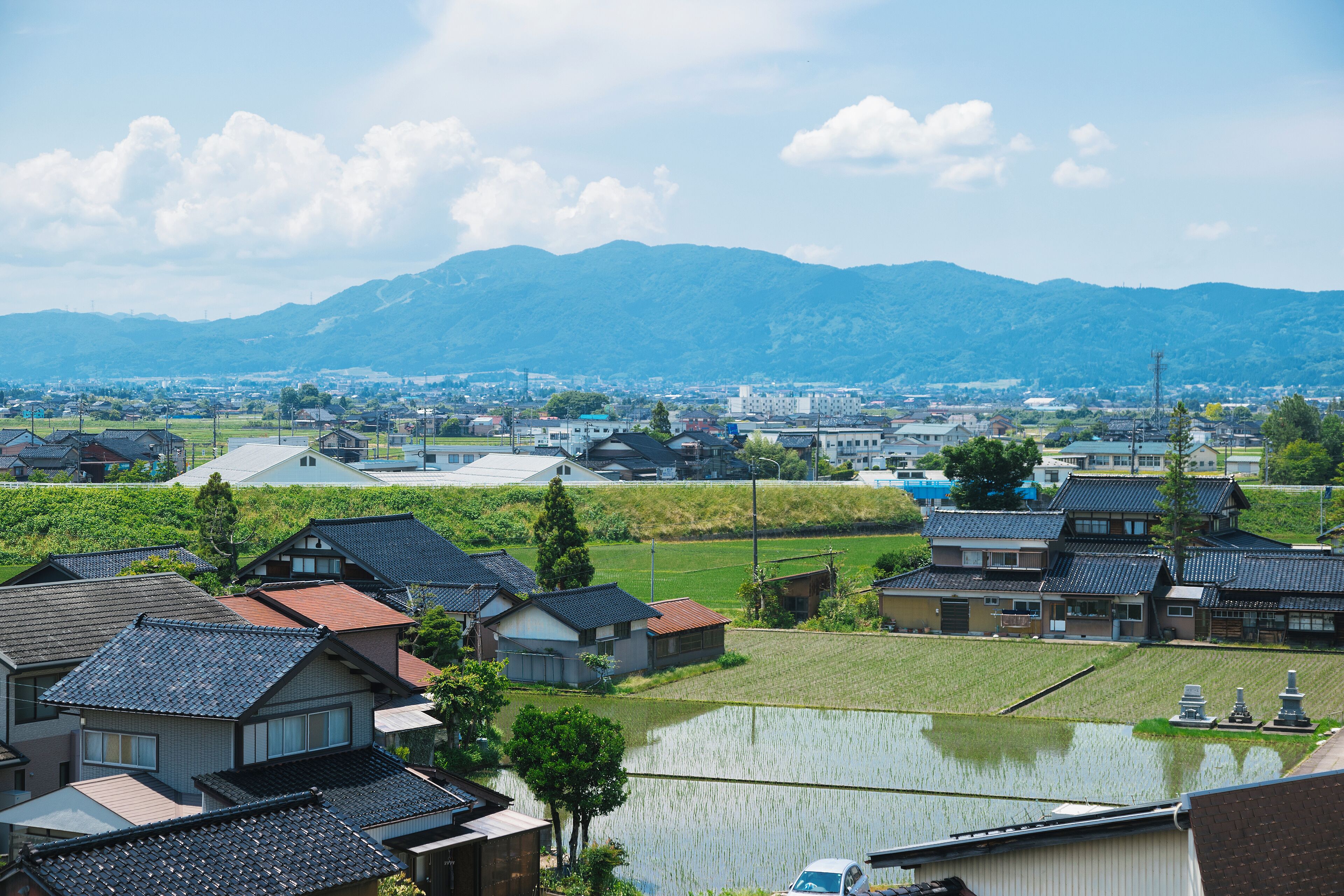 A residential area with traditional houses, a large body of water, and a mountain in the background.