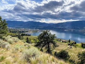 A panoramic view of a lake with mountains in the background, surrounded by fields and a few scattered buildings. - Desert Shores: 103 (Dog Friendly) Minutes from Okanagan Lake (Penticton)