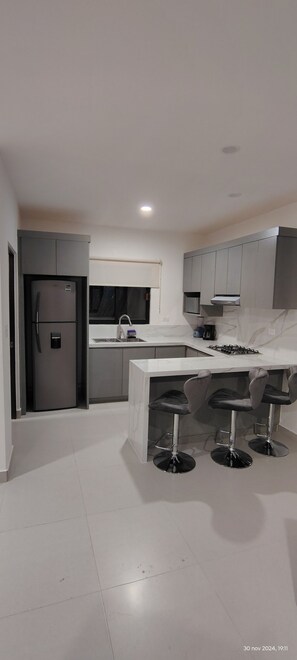 Jääkaappi, mikroaaltouuni, liesi, kahvin-/teenkeitin