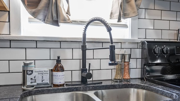 A kitchen with a stainless steel sink, a faucet with a flexible hose, a stainless steel stove, and two spice jars. - Spacious Bungalow Retreat Near Belle Isle, RVA! (Richmond)