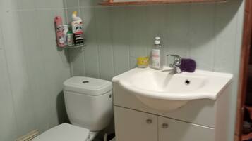 Une salle de bain avec des toilettes, un lavabo et un miroir. Des articles de toilette sont accrochés au mur.