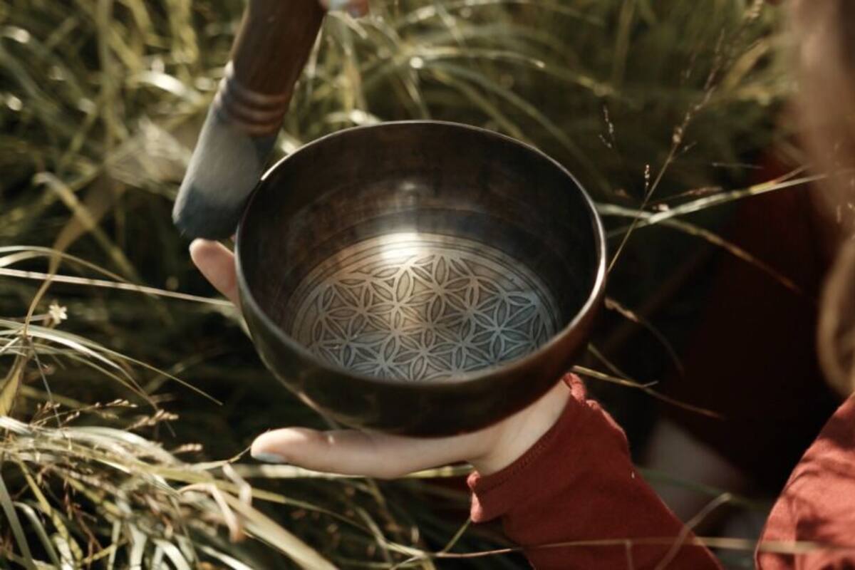 A person holding a metallic bowl with a geometric pattern.