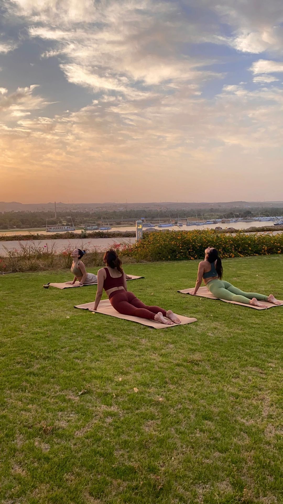 Three individuals practicing yoga on mats in an outdoor grassy area with a scenic view of a body of water and boats in the distance.