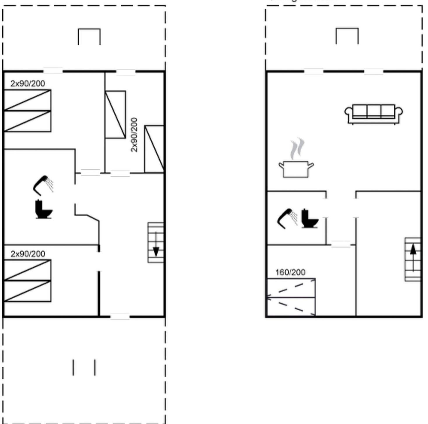 Plànol d'una habitació d'hotel amb bany, petita cuina i zona de seients.
