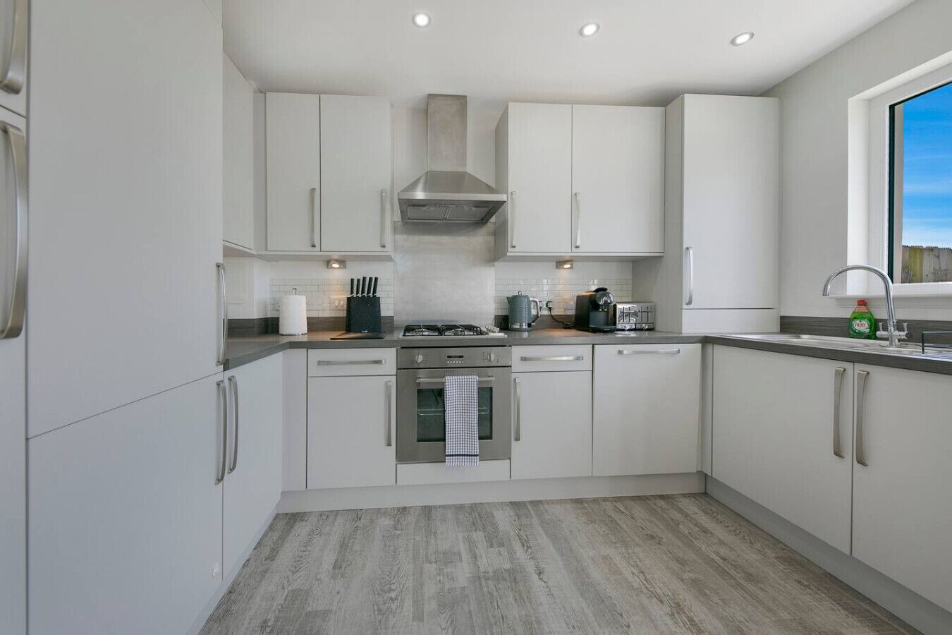 Fridge, oven, dishwasher, coffee/tea maker