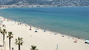Ein Strand mit Palmen, Sonnenschirmen und freiem Blick auf die Küste.