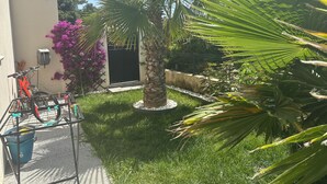 A courtyard with a palm tree, a bicycle rack, and a building with a door. - Villa with private pool in a quiet location 10 min from Avignon (ROCHEFORT DU GARD)