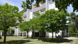 Ein modernes Gebäude mit Innenhof, Bäumen und einem gepflasterten Weg.