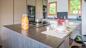 A modern kitchen with a central island, stainless steel appliances, and a view of greenery outside. - Stunning private villa for 8 people with WIFI, TV, terrace and panoramic view (Ovronnaz)